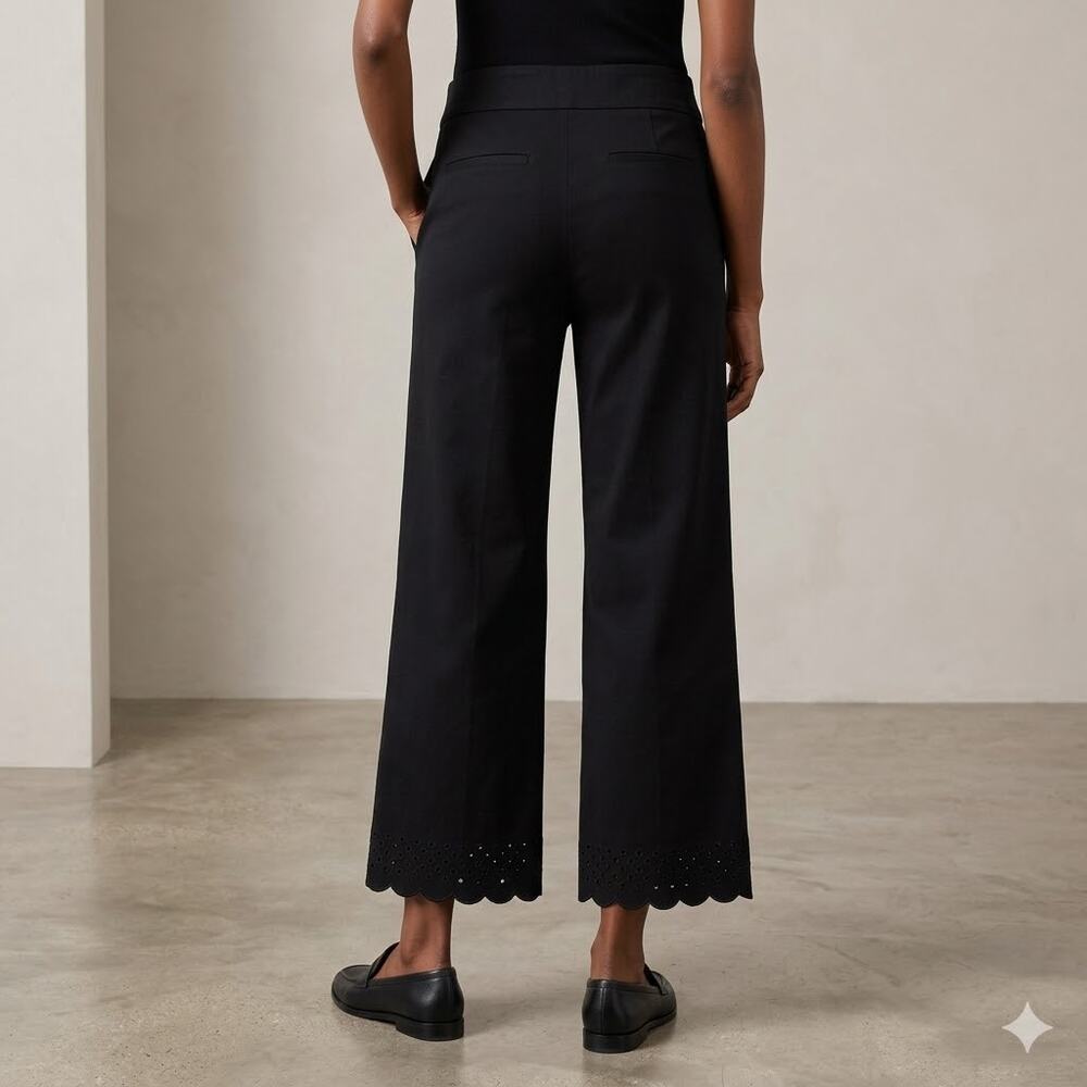 Chico's Black Pull on Eyelet Scallop Hem Cropped Wide Leg Pants Women‎ OT-4 tall